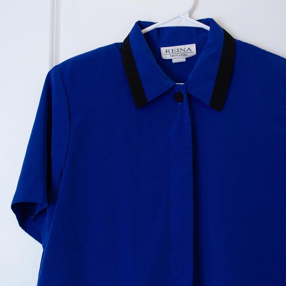 VTG 16P Reina New York Colorblock Hidden Buttons Blue Black Blouse Career Work
